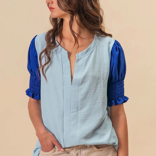 Stylish V-Neck Top with Puff Sleeves and Color Block Design — square view — Livostyle