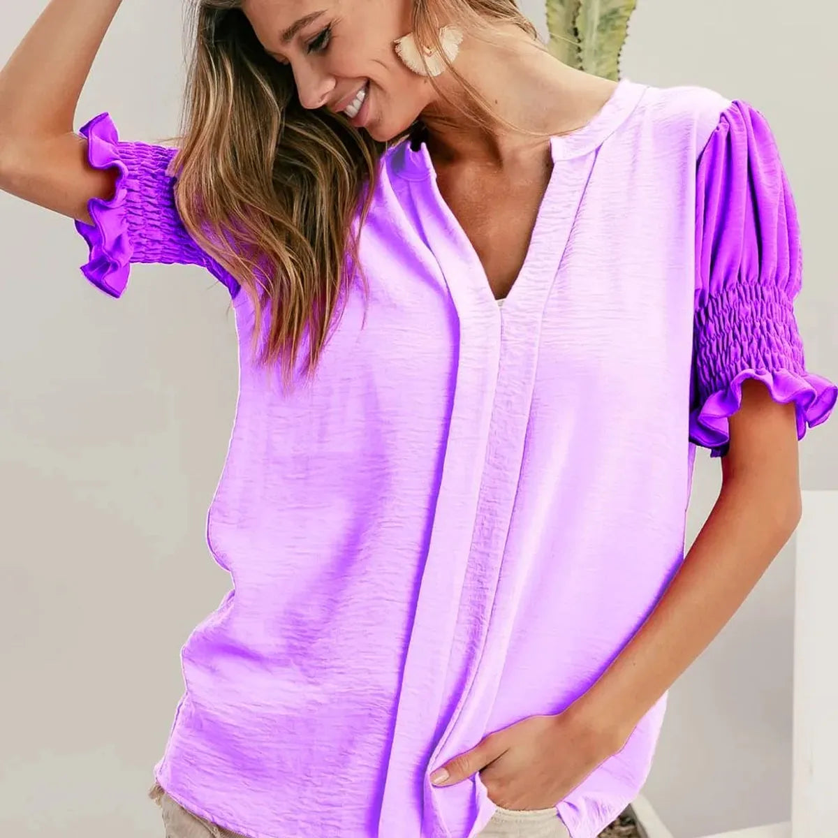 Chic V-neck Top with Color Block Design and Puff Sleeves — square view — Livostyle