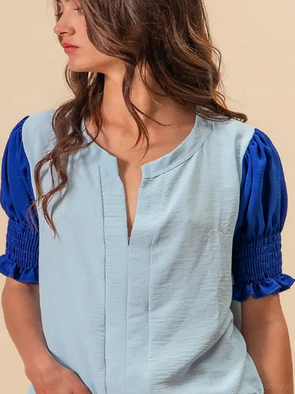 Stylish V-Neck Top with Puff Sleeves and Color Block Design — detail view — Livostyle