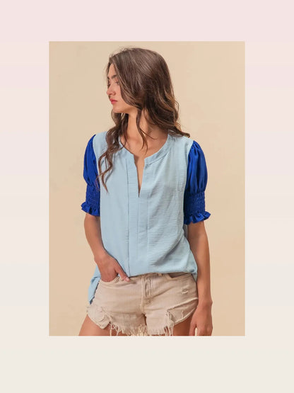 Stylish V-Neck Top with Puff Sleeves and Color Block Design — styled showcase — Livostyle