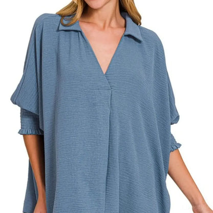 Airflow Collar Tee with Smocked Sleeve Band Top in DUSTY BLU — square view — Livostyle