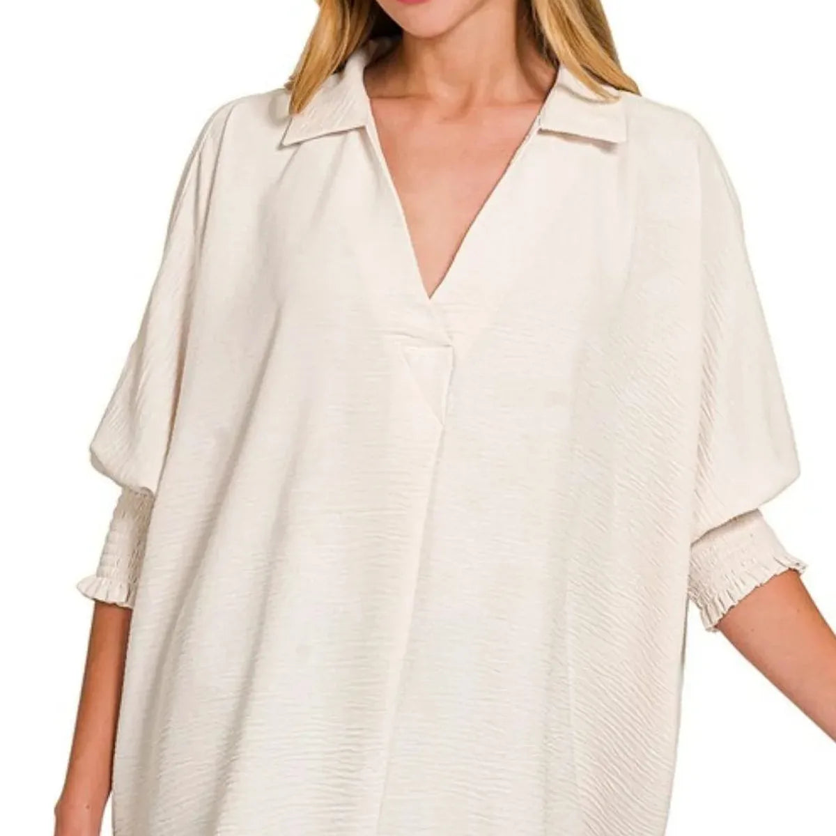 Airflow Collar Tee with Smocked Sleeve Band Top — square view — Livostyle