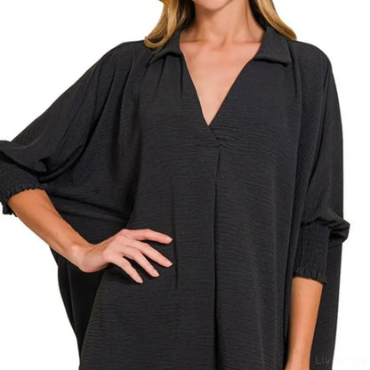Airflow Collar Tee with Smocked Sleeve Band Top in BLACK — square view — Livostyle