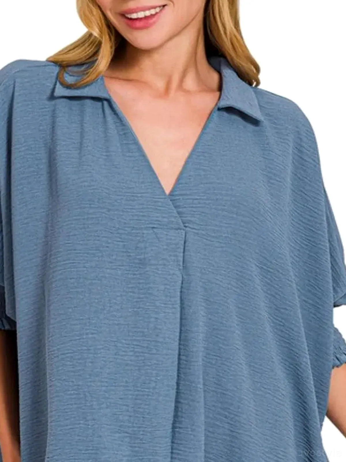 Airflow Collar Tee with Smocked Sleeve Band Top in DUSTY BLU — detail view — Livostyle