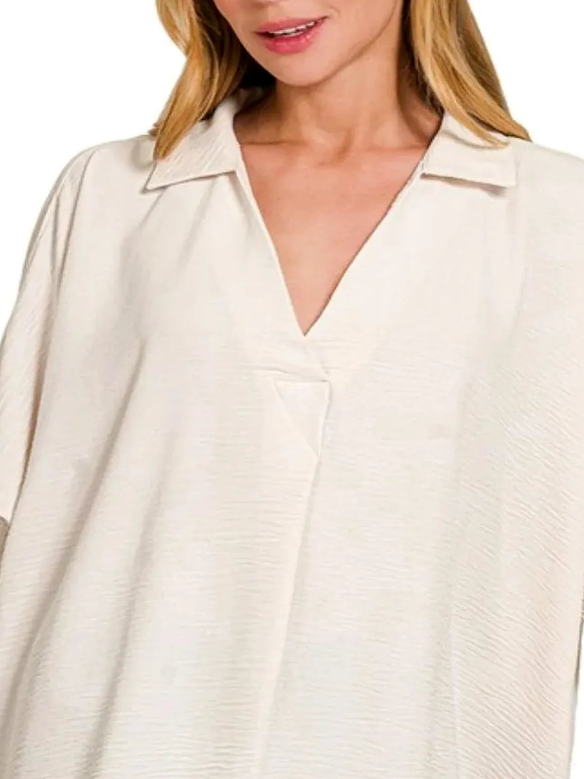 Airflow Collar Tee with Smocked Sleeve Band Top — detail view — Livostyle