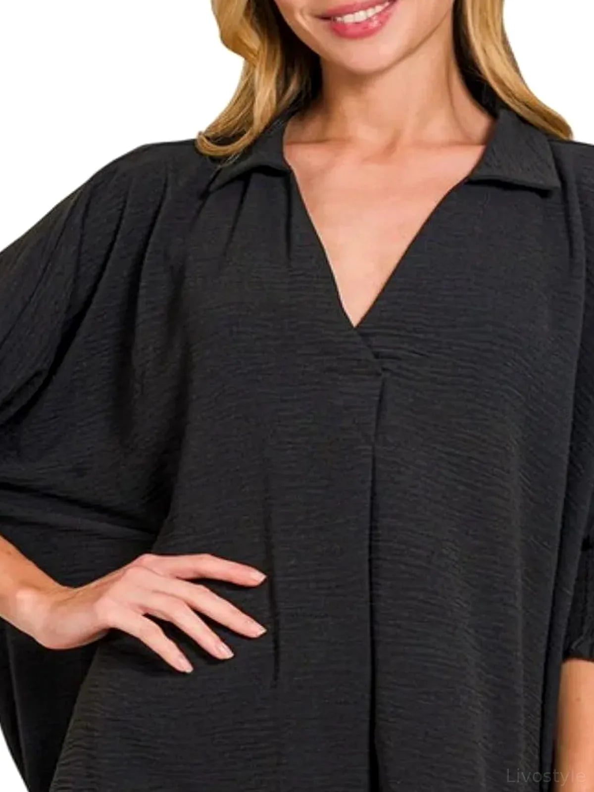 Airflow Collar Tee with Smocked Sleeve Band Top in BLACK — detail view — Livostyle