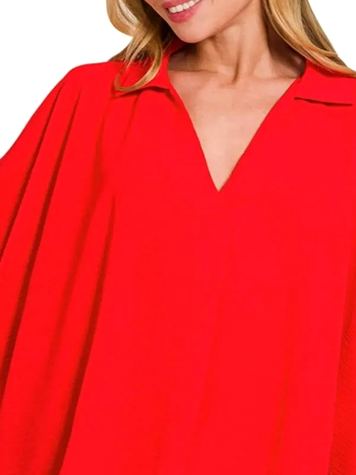 Airflow Collar Tee with Smocked Sleeve Band Top — detail view — Livostyle