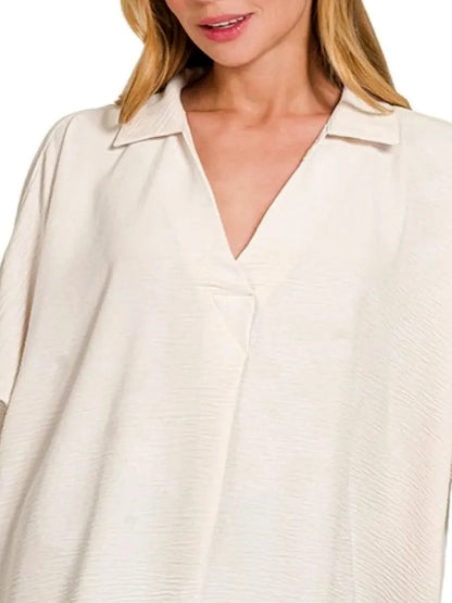 Airflow Collar Tee with Smocked Sleeve Band Top — detail view — Livostyle