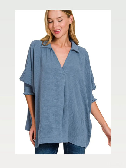Airflow Collar Tee with Smocked Sleeve Band Top in DUSTY BLU — styled showcase — Livostyle
