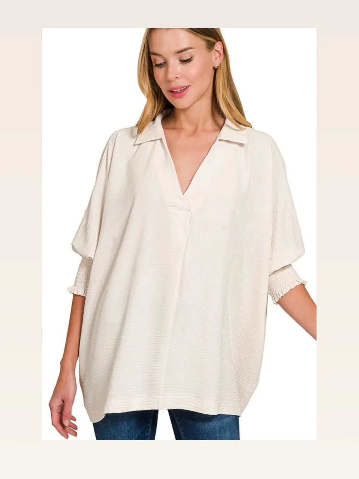 Airflow Collar Tee with Smocked Sleeve Band Top — styled showcase — Livostyle