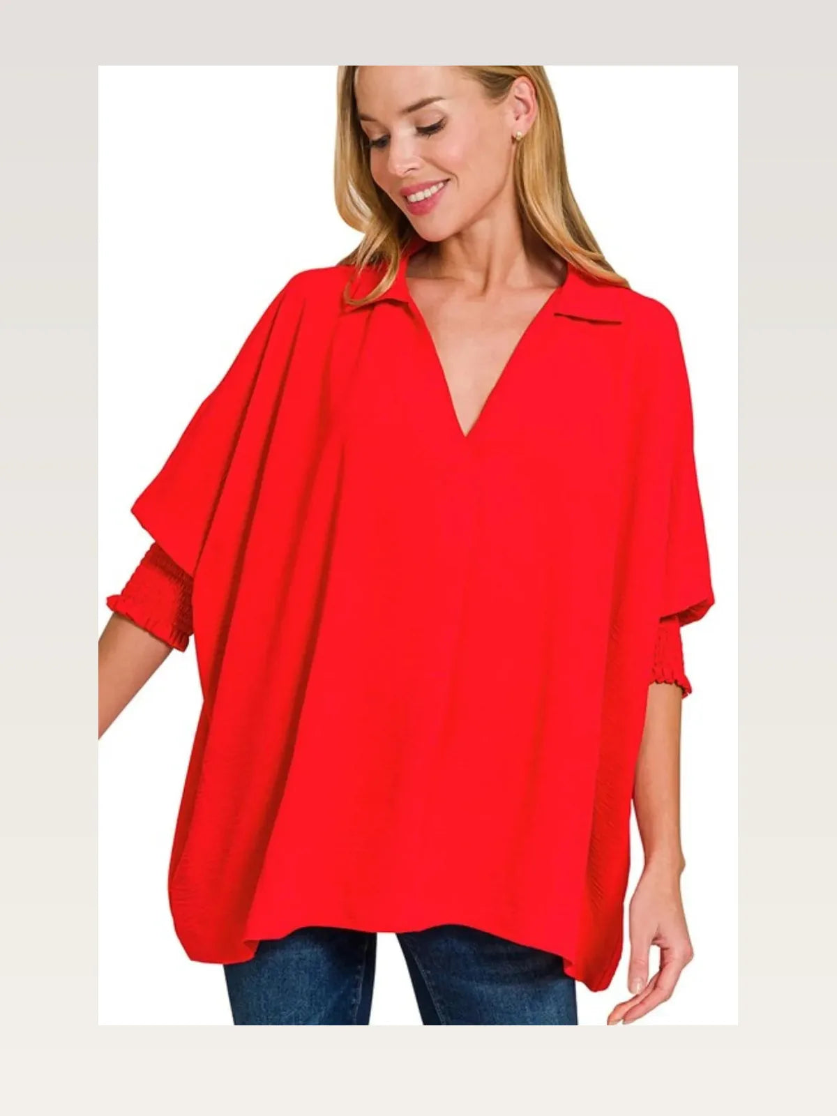 Airflow Collar Tee with Smocked Sleeve Band Top — styled showcase — Livostyle
