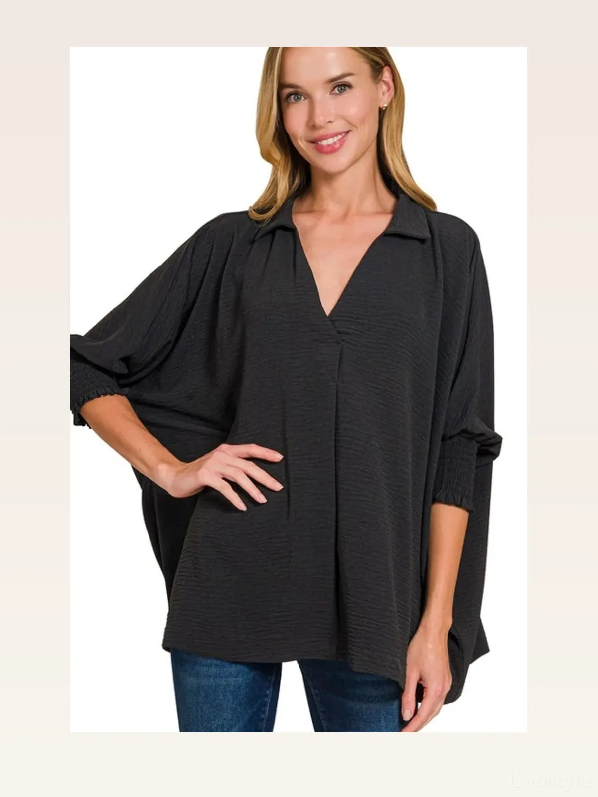 Airflow Collar Tee with Smocked Sleeve Band Top in BLACK — styled showcase — Livostyle