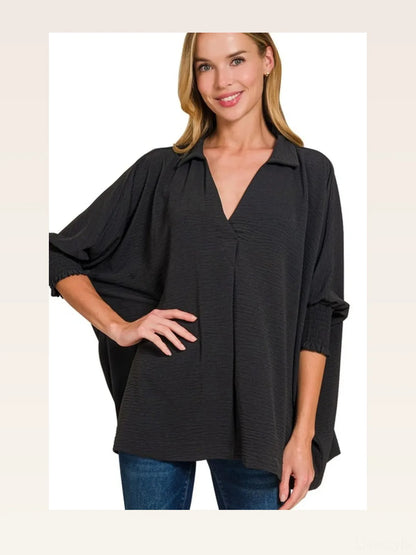 Airflow Collar Tee with Smocked Sleeve Band Top in BLACK — styled showcase — Livostyle