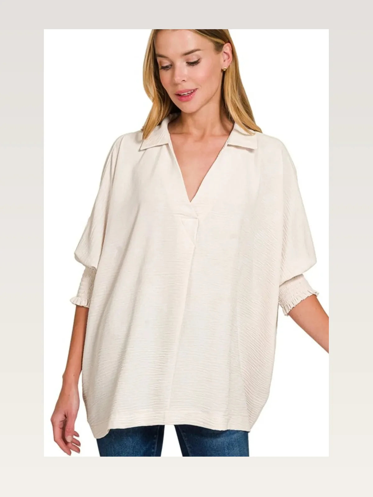 Airflow Collar Tee with Smocked Sleeve Band Top — styled showcase — Livostyle