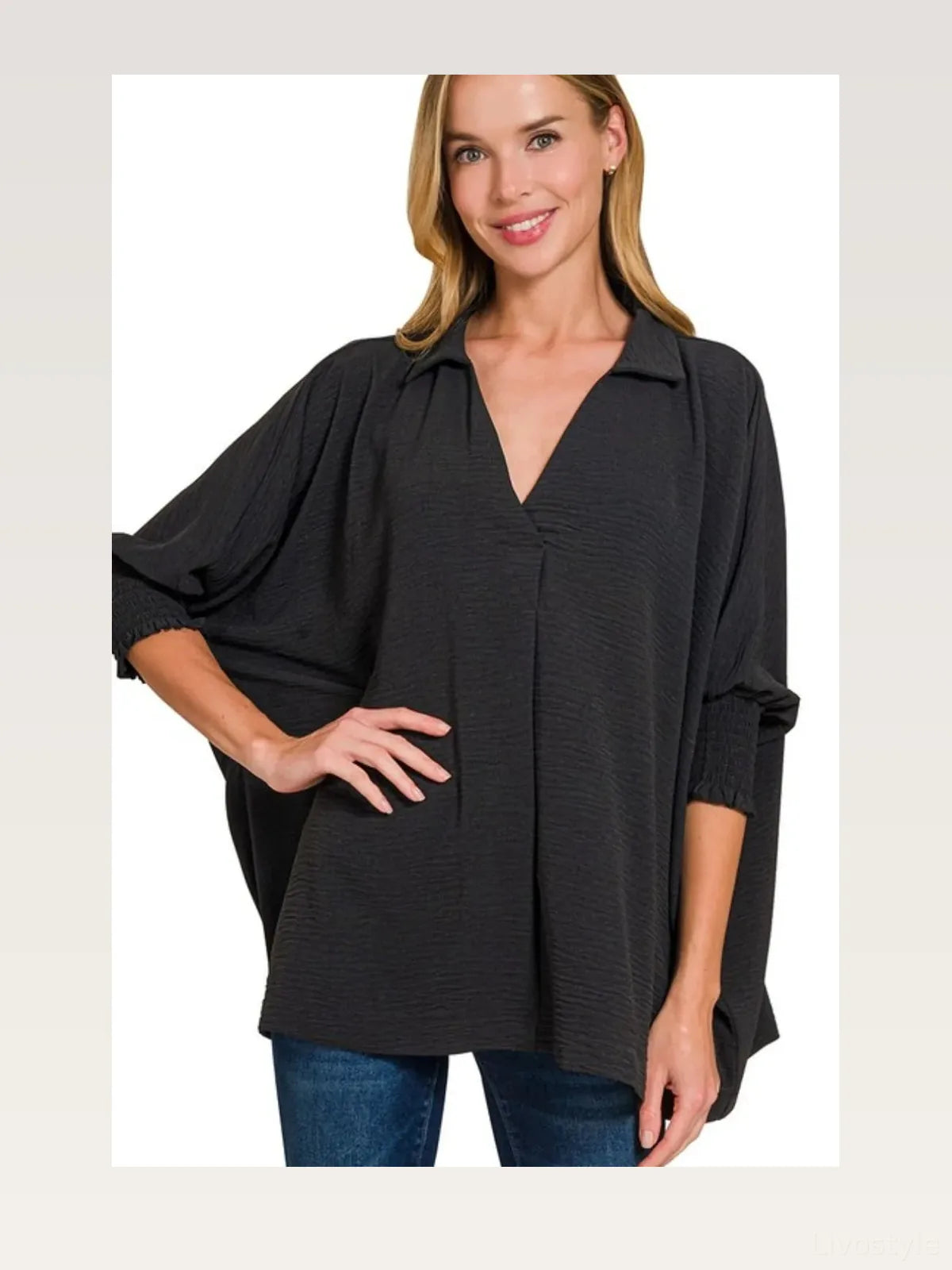 Airflow Collar Tee with Smocked Sleeve Band Top in BLACK — styled showcase — Livostyle