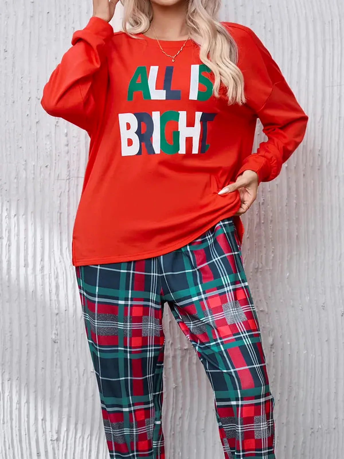 Round Neck Top and Plaid Pants Lounge Set — detail view — Livostyle