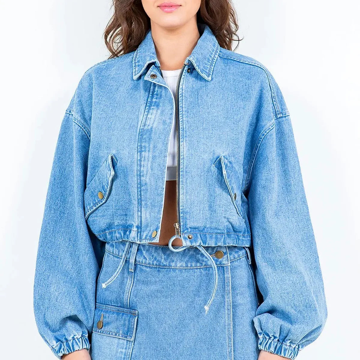 Drawstring Waist Crop Denim Jacket — square view — Livostyle