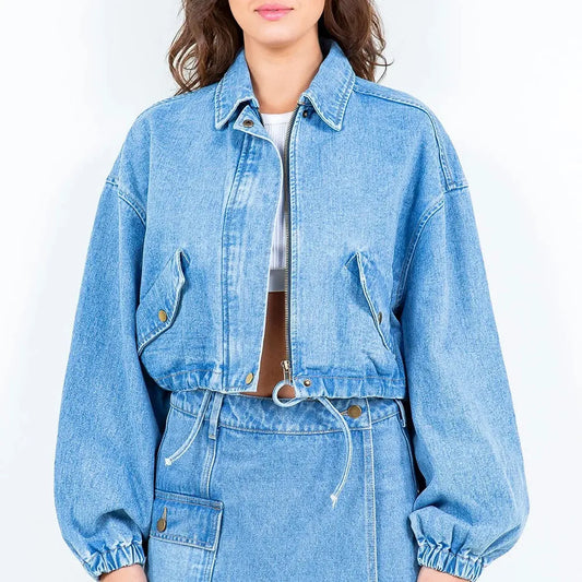Drawstring Waist Crop Denim Jacket — square view — Livostyle
