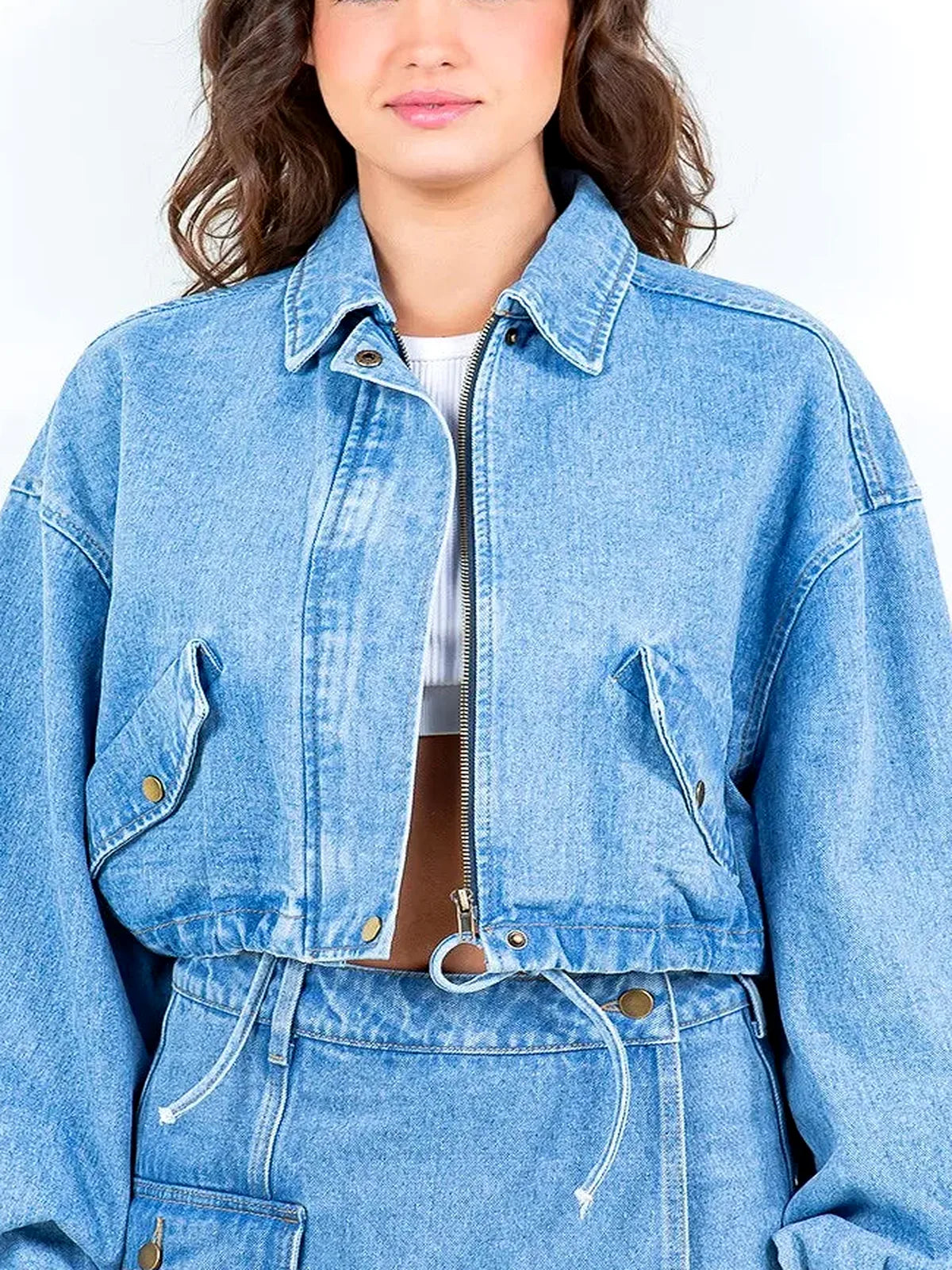 Drawstring Waist Crop Denim Jacket — detail view — Livostyle