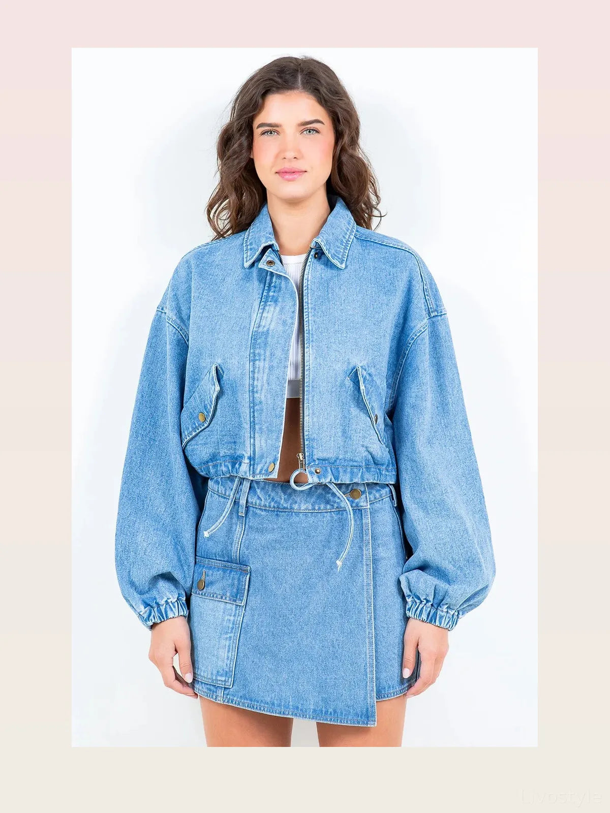 Drawstring Waist Crop Denim Jacket — styled showcase — Livostyle