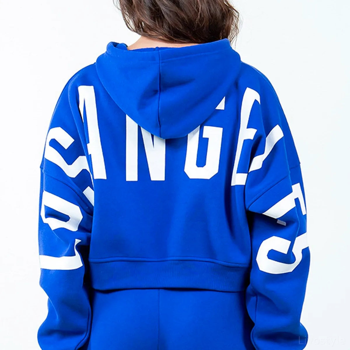 Cropped Hoodie with Graphic Letter and Drawstring Hood