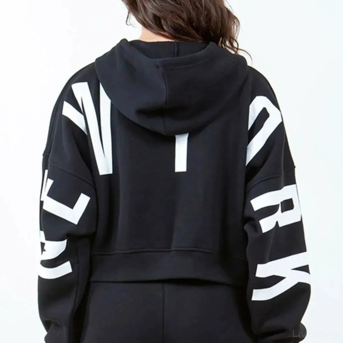 Stylish Cropped Hoodie with Letter Graphic & Drawstring — square view — Livostyle