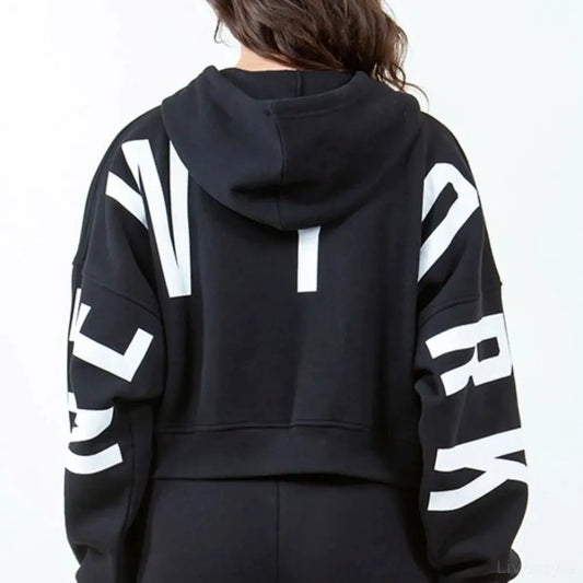 Stylish Cropped Hoodie with Letter Graphic & Drawstring — square view — Livostyle