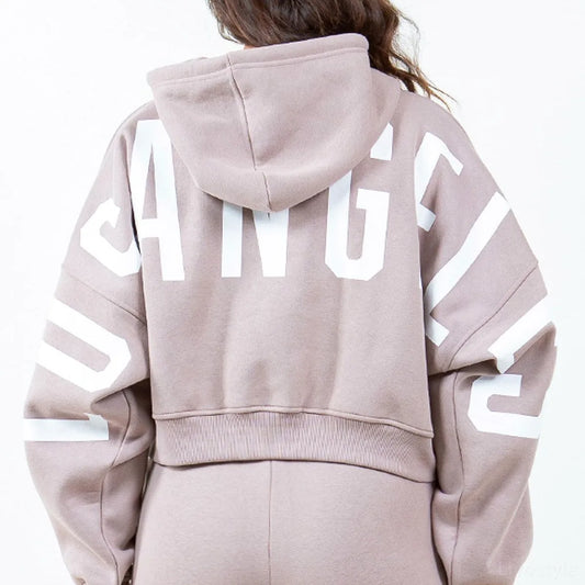 Stylish Graphic Letter Cropped Hoodie with Long Sleeves & Dr — square view — Livostyle