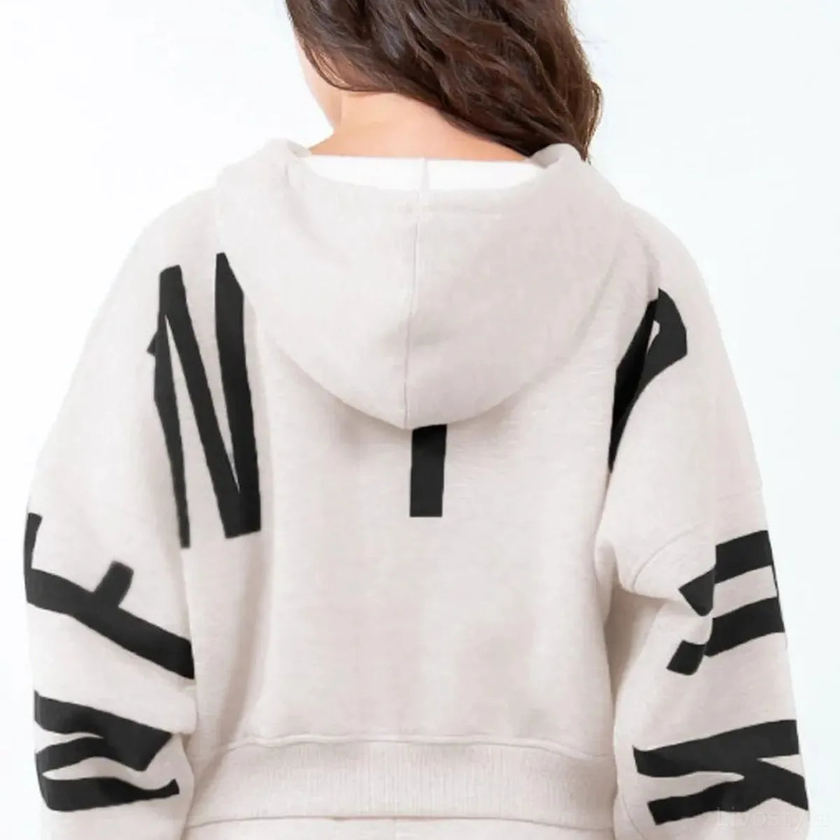Trendy Cropped Hoodie with Letter Graphics and Drawstring — square view — Livostyle