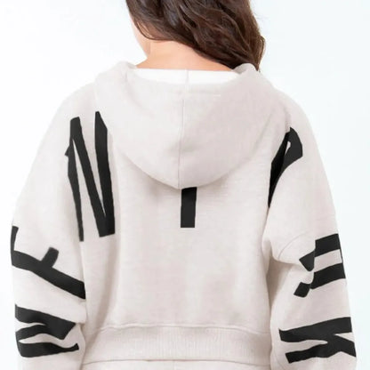 Trendy Cropped Hoodie with Letter Graphics and Drawstring — square view — Livostyle