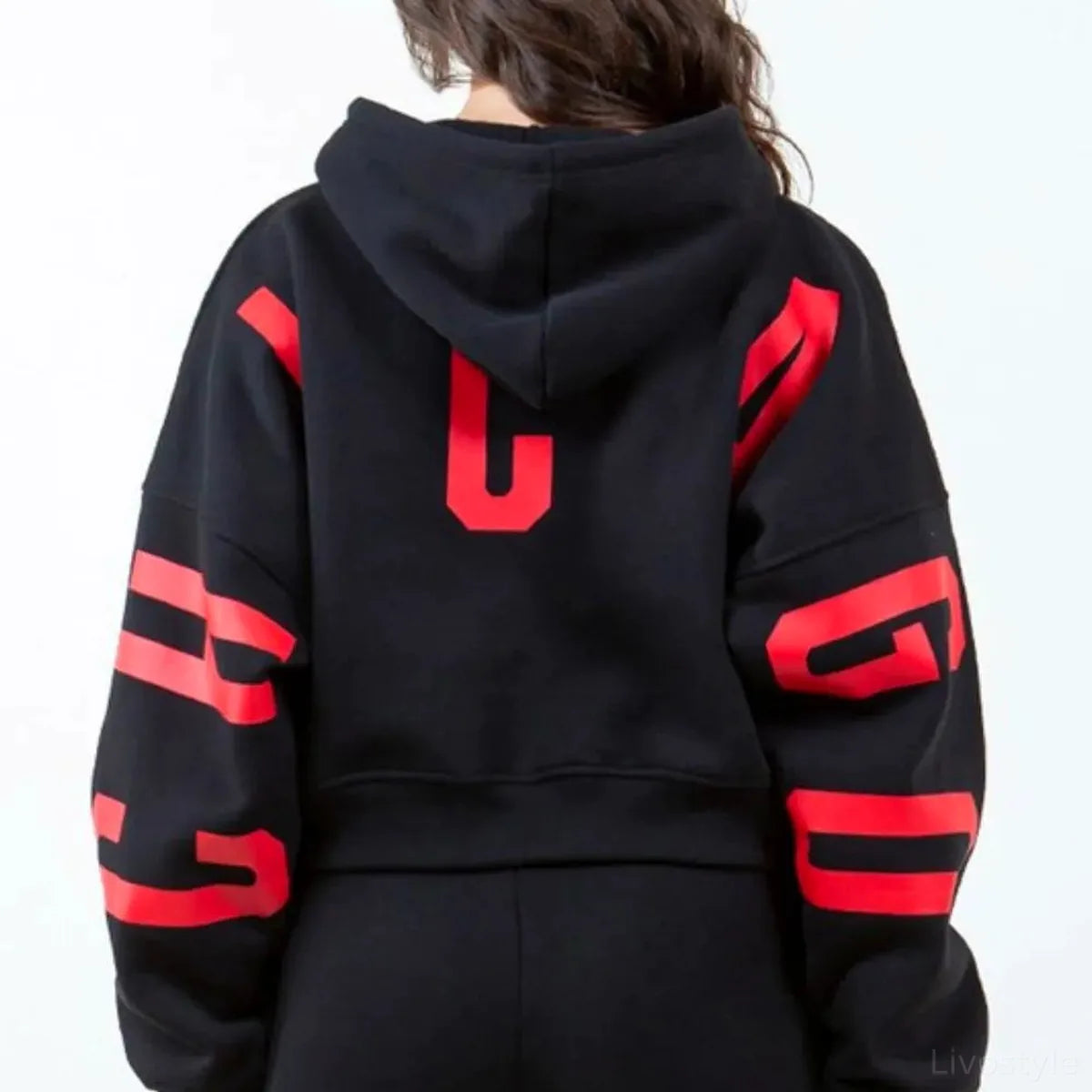 Stylish Graphic Long Sleeve Cropped Hoodie with Drawstring — square view — Livostyle