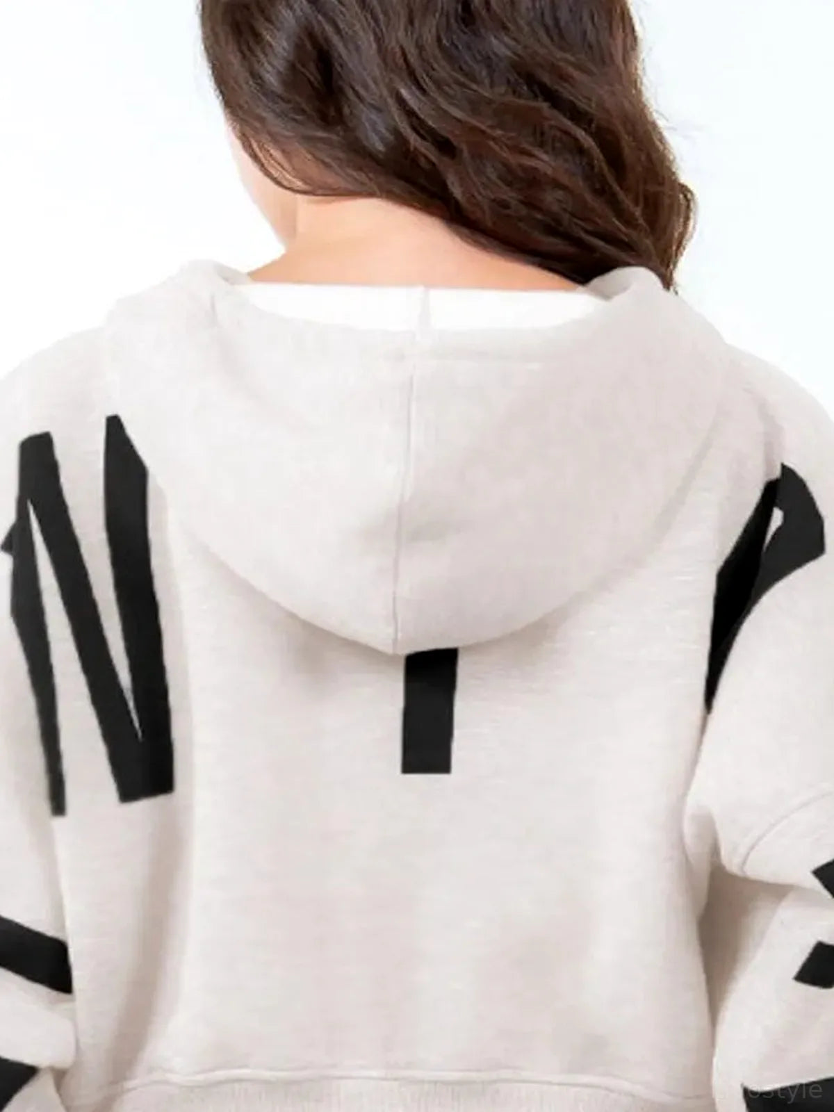 Trendy Cropped Hoodie with Letter Graphics and Drawstring — detail view — Livostyle