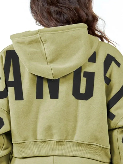 Stylish Cropped Hoodie with Graphic Letter Design — detail view — Livostyle