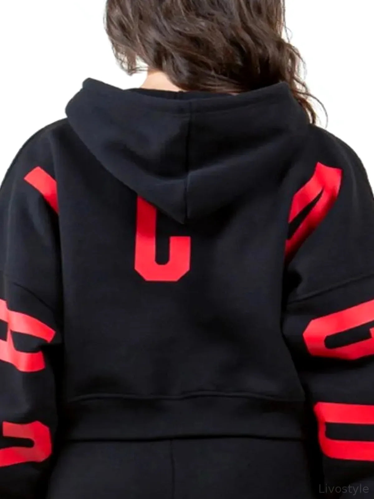 Stylish Graphic Long Sleeve Cropped Hoodie with Drawstring — detail view — Livostyle