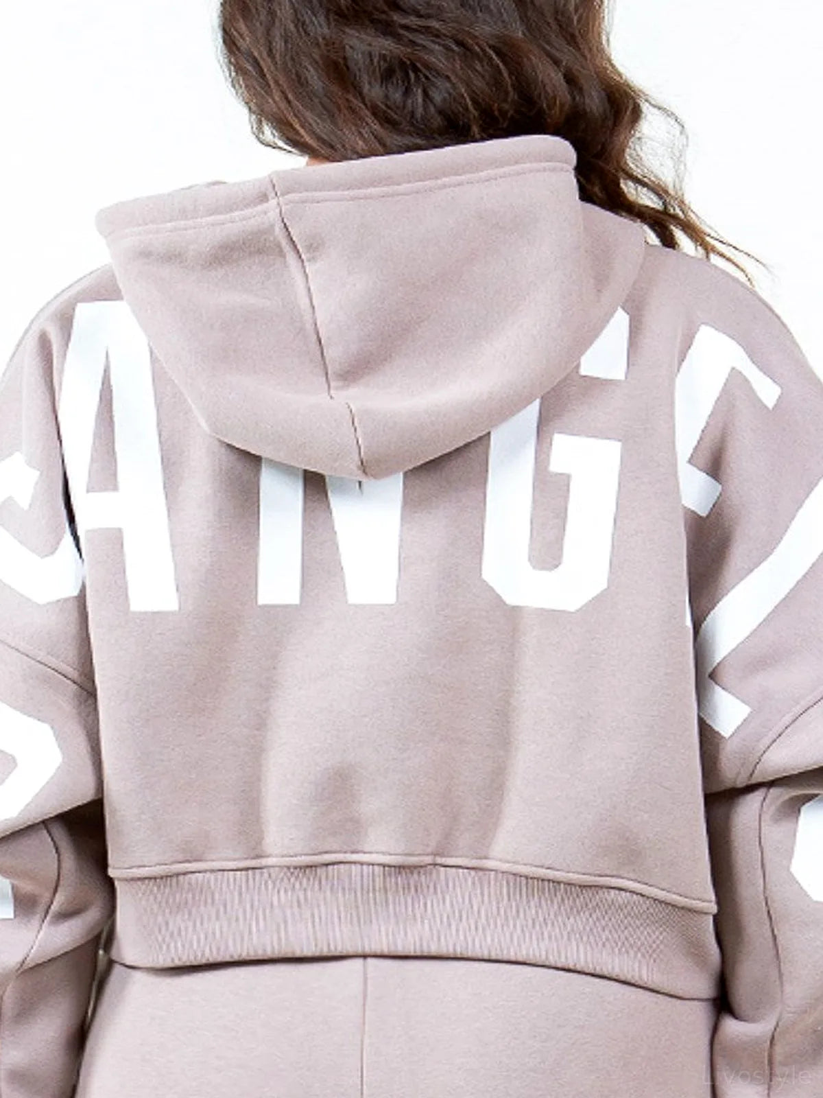 Stylish Graphic Letter Cropped Hoodie with Long Sleeves & Dr — detail view — Livostyle
