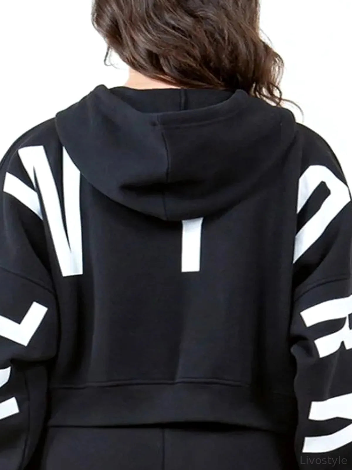 Stylish Cropped Hoodie with Letter Graphic & Drawstring — detail view — Livostyle