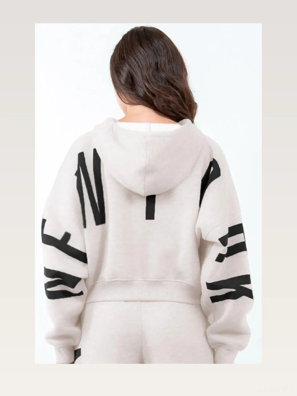 Trendy Cropped Hoodie with Letter Graphics and Drawstring — styled showcase — Livostyle