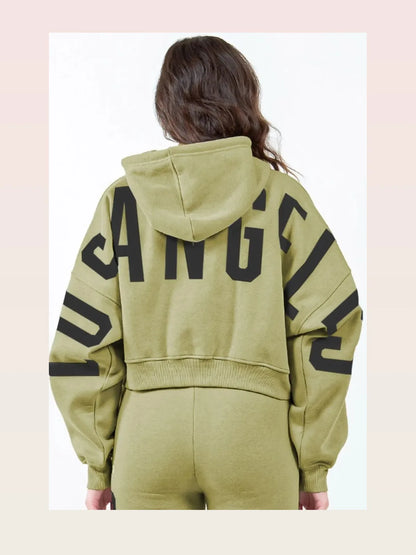 Stylish Cropped Hoodie with Graphic Letter Design — styled showcase — Livostyle