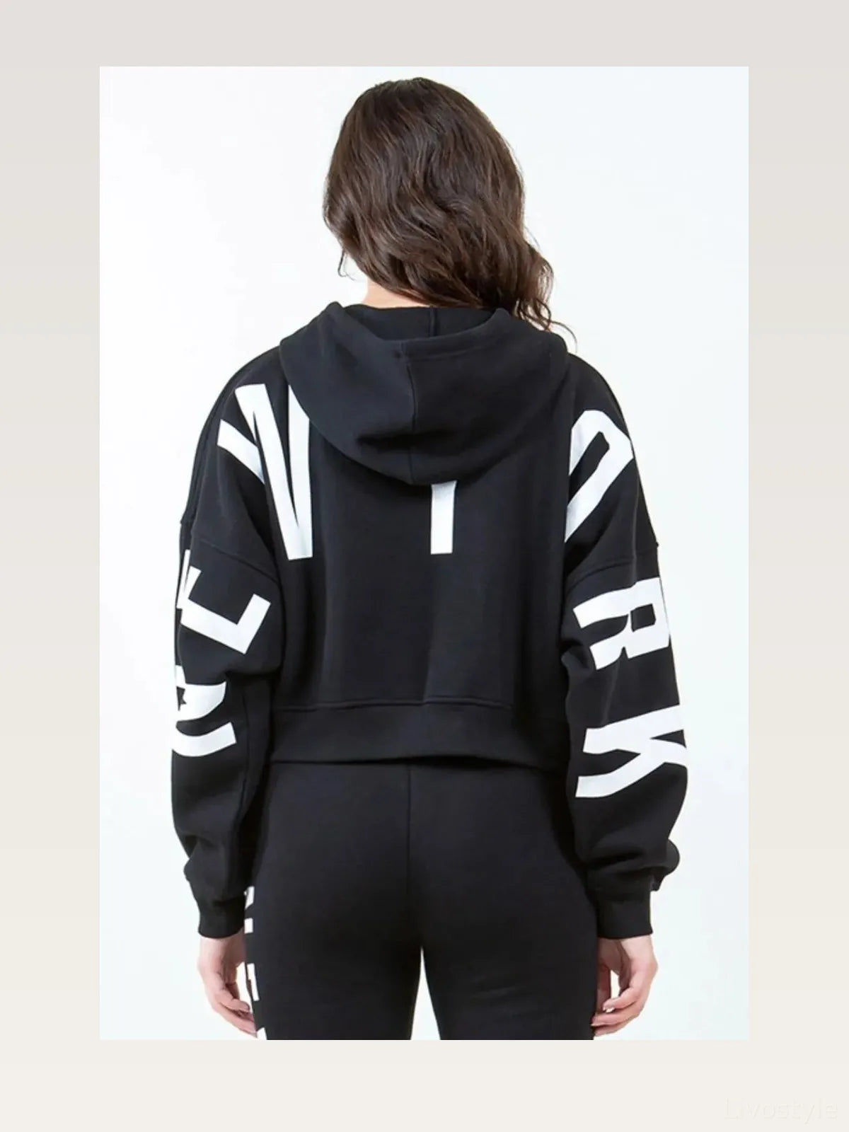 Stylish Cropped Hoodie with Letter Graphic & Drawstring — styled showcase — Livostyle