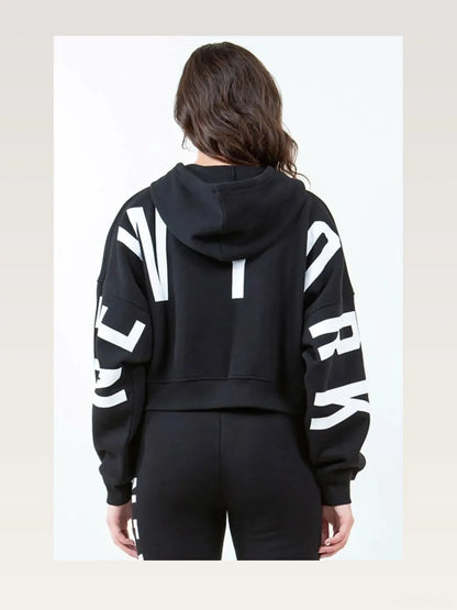 Stylish Cropped Hoodie with Letter Graphic & Drawstring — styled showcase — Livostyle