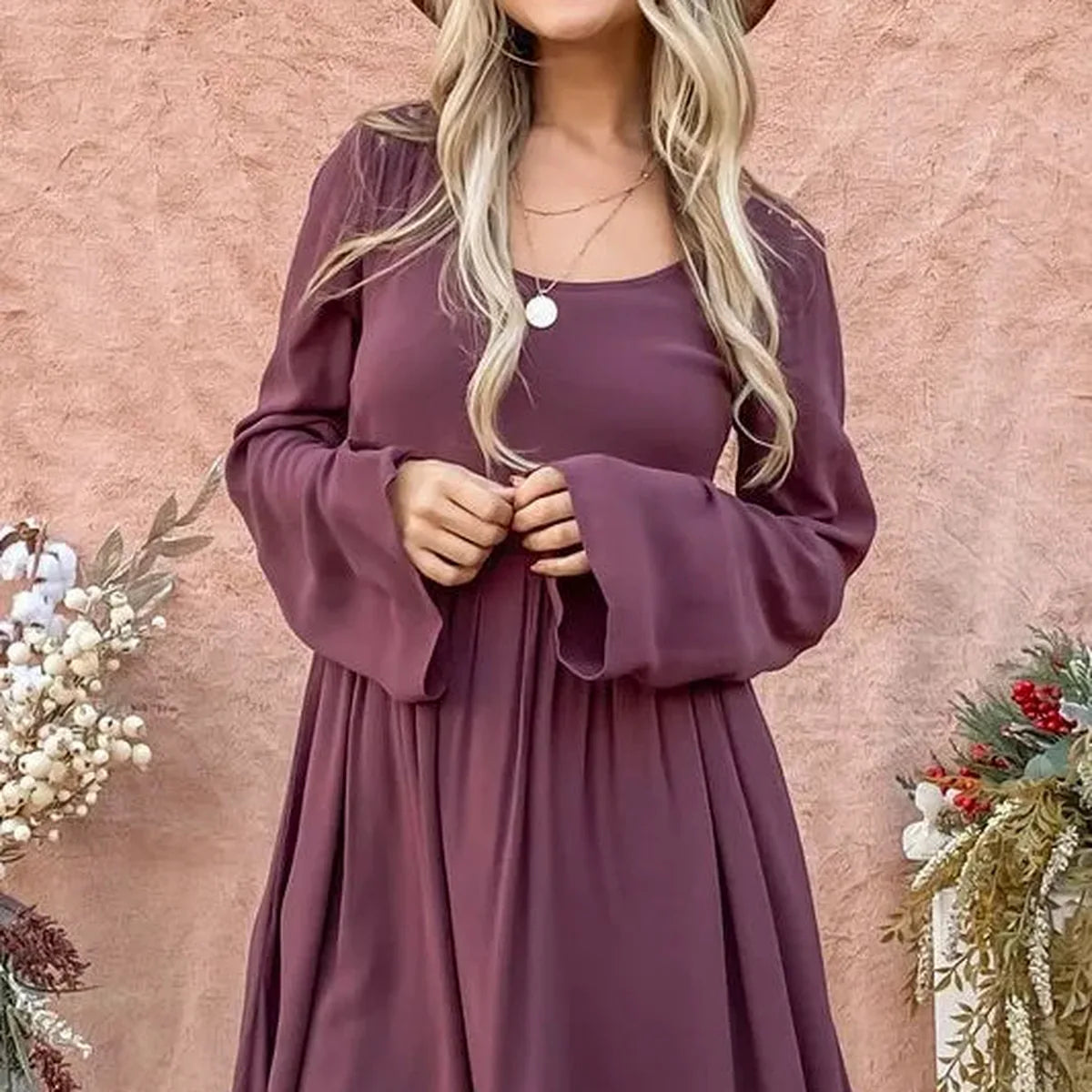 Elegant Lace Back Bell Sleeve Dress with Button-Down Detail — square view — Livostyle