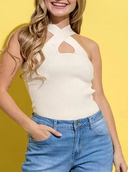 Chic Ribbed Cross Halter Neck Tank Top - Dress Up or Down — detail view — Livostyle