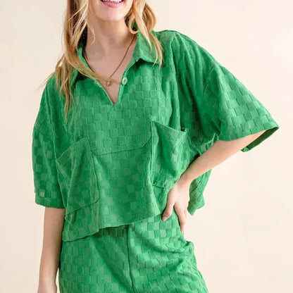 Chic Brushed Texture Checkerboard Casual Top with Pockets — square view — Livostyle
