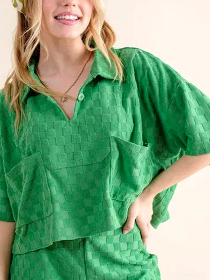 Chic Brushed Texture Checkerboard Casual Top with Pockets — detail view — Livostyle