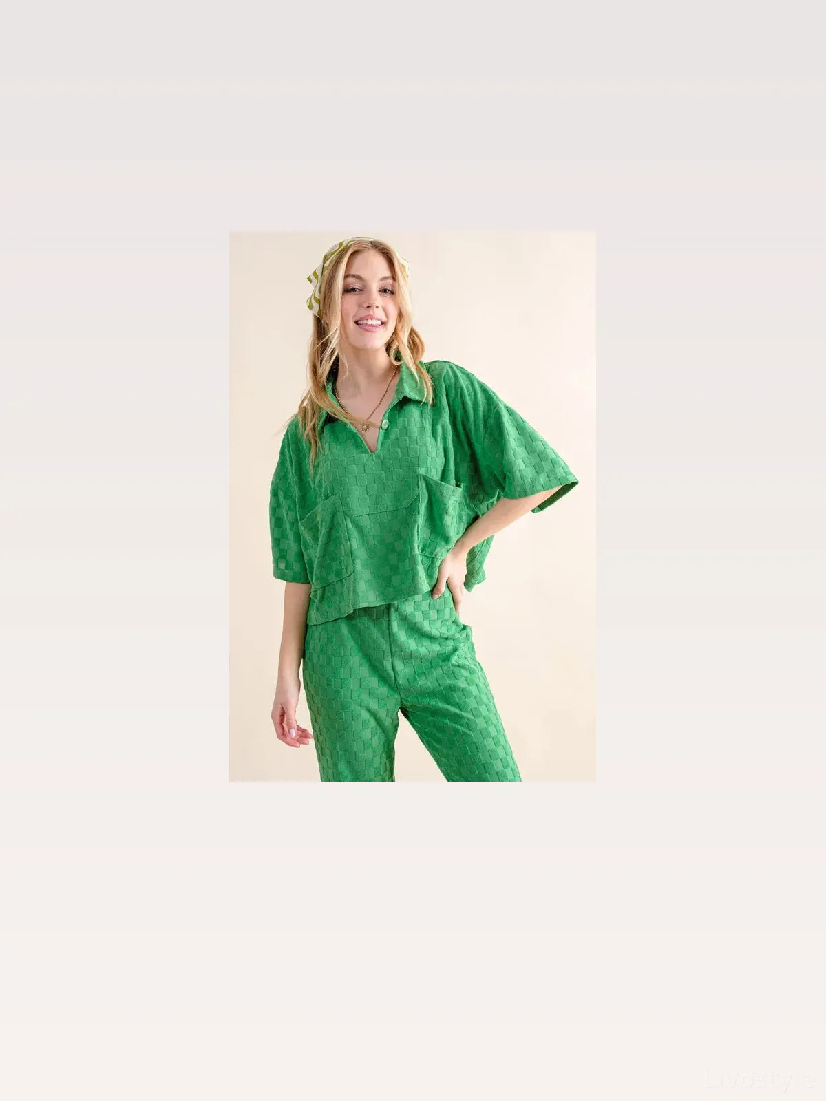 Chic Brushed Texture Checkerboard Casual Top with Pockets — styled showcase — Livostyle