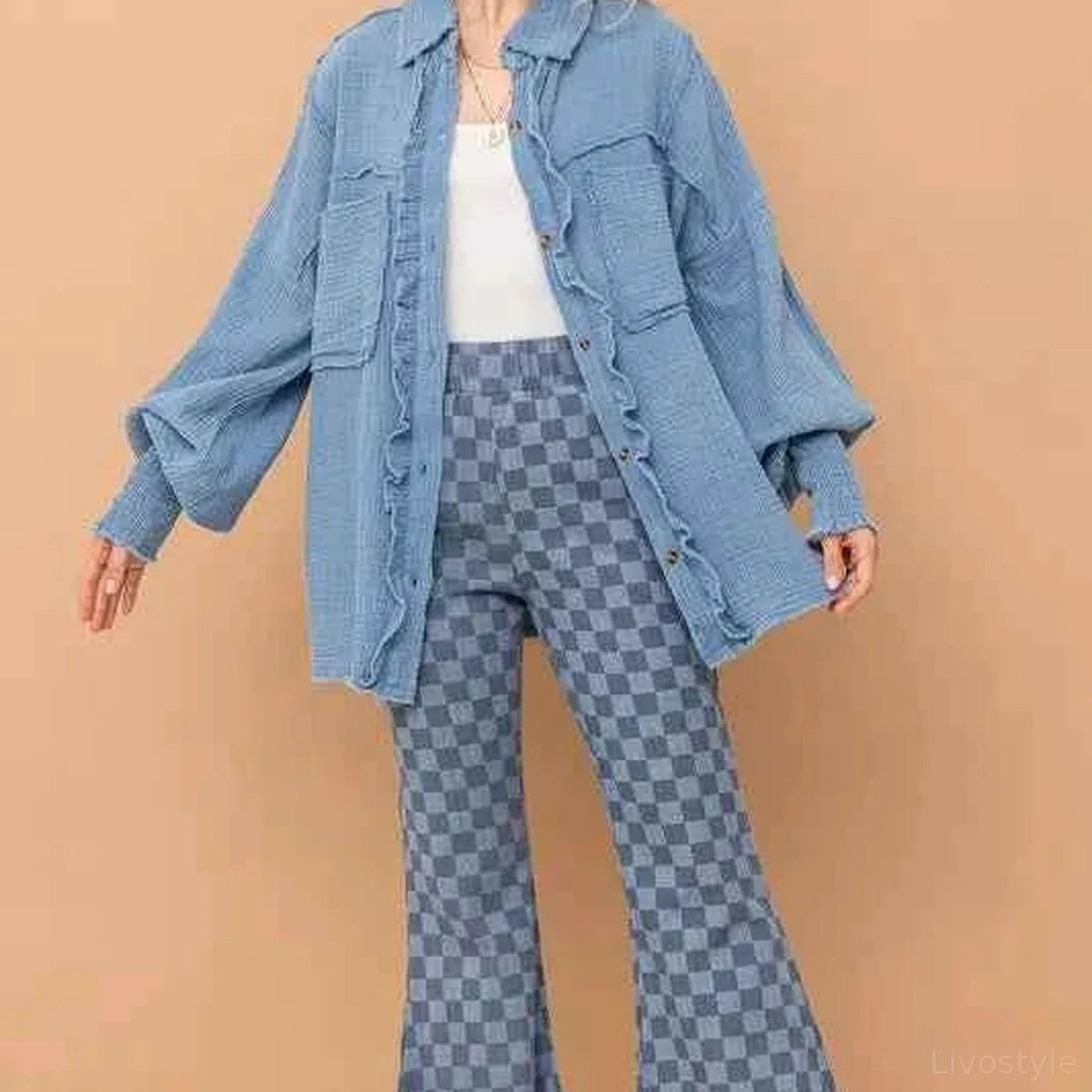 Checkerboard High Waist Bell Pants — square view — Livostyle