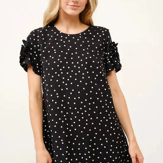 Whimsical Polka Dot Shift Dress with Embellished Sleeves — square view — Livostyle