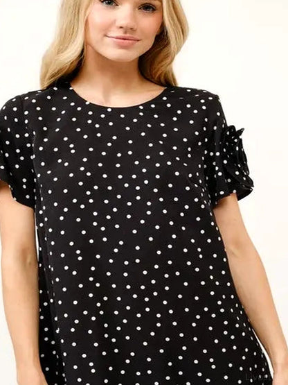 Whimsical Polka Dot Shift Dress with Embellished Sleeves — detail view — Livostyle