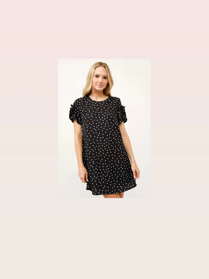 Whimsical Polka Dot Shift Dress with Embellished Sleeves — styled showcase — Livostyle
