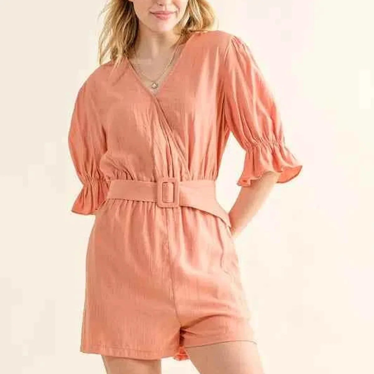 Flounce Sleeves Romper with Belt — square view — Livostyle